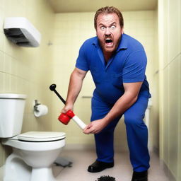 A realistic photograph of an angry plumber holding a rubber plunger in his hand