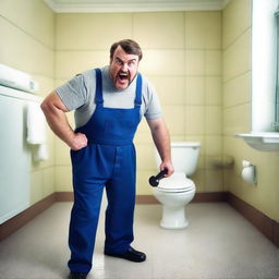 A realistic photograph of an angry plumber holding a rubber plunger in his hand