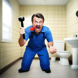 A realistic photograph of an angry plumber holding a rubber plunger in his hand