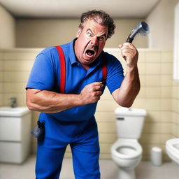 A realistic photograph of an angry plumber holding a pipe unclogger in his hand