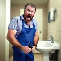 A realistic photograph of an angry plumber holding a pipe unclogger in his hand