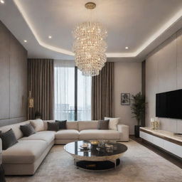 A modern and luxurious living room interior design, complete with suspended, fashionable lighting fixtures, and upscale furniture.