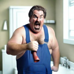 A realistic photograph of an angry plumber holding a pipe unclogger in his hand