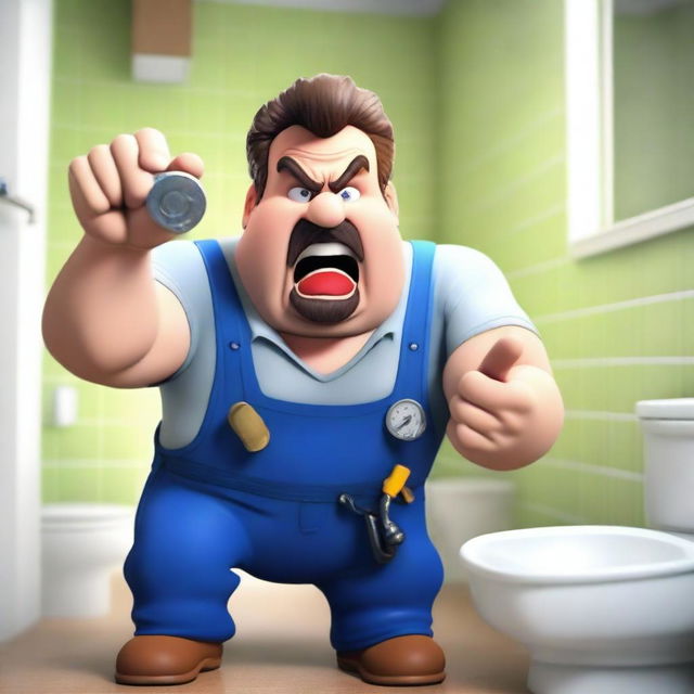 A realistic photograph of an angry plumber holding a pipe unclogger in his hand