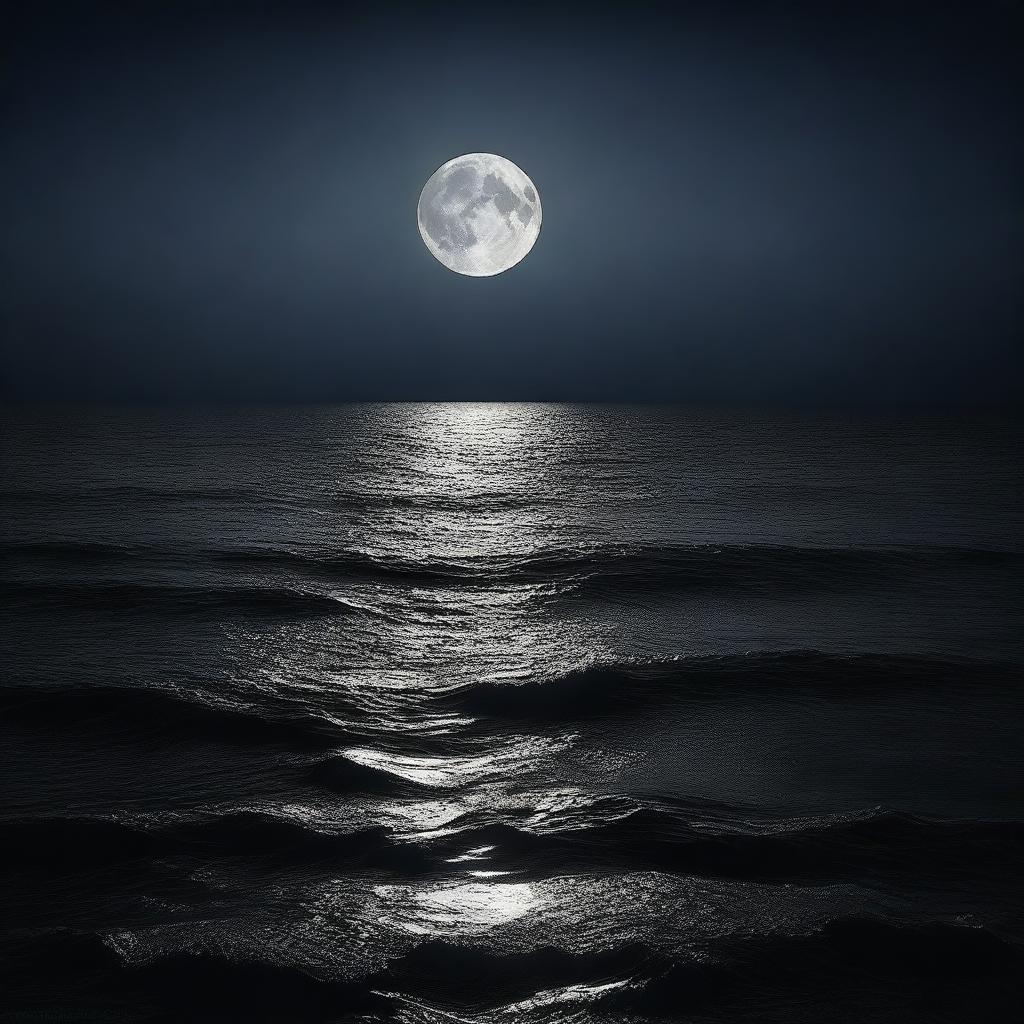 A vast, dark ocean under a moonlit sky