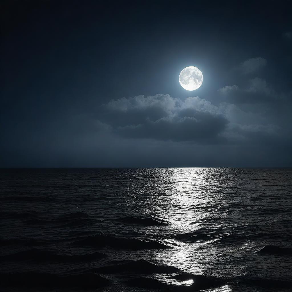 A vast, dark ocean under a moonlit sky