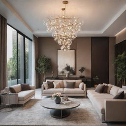 A modern and luxurious living room interior design, complete with suspended, fashionable lighting fixtures, and upscale furniture.