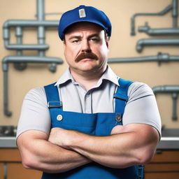 A photograph of an angry plumber standing with his arms crossed