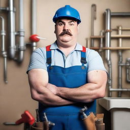 A photograph of an angry plumber standing with his arms crossed