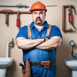 A photograph of an angry plumber standing with his arms crossed