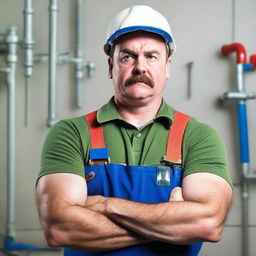 A photograph of an angry plumber standing with his arms crossed