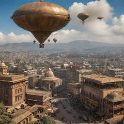 A vibrant, steampunk-inspired Ethiopia, showing the bustling Addis Ababa and historic sites enhanced with Victorian-era machinations, bronze gears, and steam-belching airships set against the backdrop of highland panoramas.