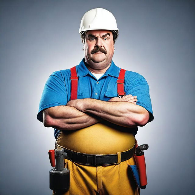 A full-body photograph of an angry plumber standing with crossed arms