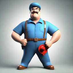 A full-body photograph of an angry plumber standing with crossed arms