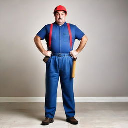 A full-body photograph of an angry plumber standing with crossed arms