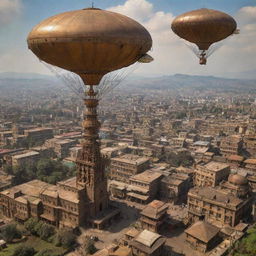 A vibrant, steampunk-inspired Ethiopia, showing the bustling Addis Ababa and historic sites enhanced with Victorian-era machinations, bronze gears, and steam-belching airships set against the backdrop of highland panoramas.