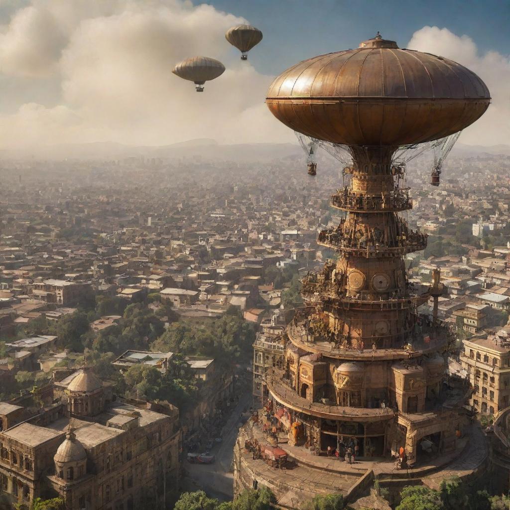 A vibrant, steampunk-inspired Ethiopia, showing the bustling Addis Ababa and historic sites enhanced with Victorian-era machinations, bronze gears, and steam-belching airships set against the backdrop of highland panoramas.