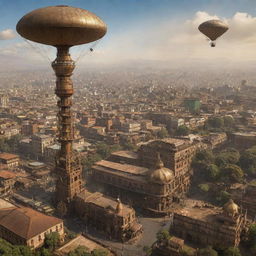 A vibrant, steampunk-inspired Ethiopia, showing the bustling Addis Ababa and historic sites enhanced with Victorian-era machinations, bronze gears, and steam-belching airships set against the backdrop of highland panoramas.