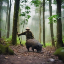 An Acehnese person hunting wild boar in a dense forest