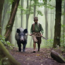 An Acehnese person hunting wild boar in a dense forest