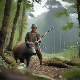 An Acehnese person hunting wild boar in a dense forest