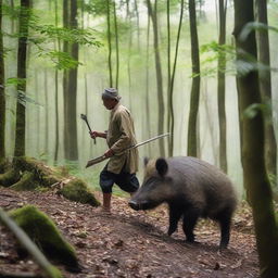 An Acehnese person hunting wild boar in a dense forest