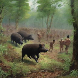 Dozens of Acehnese people chasing a wild boar in a dense forest