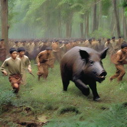 Dozens of Acehnese people chasing a wild boar in a dense forest