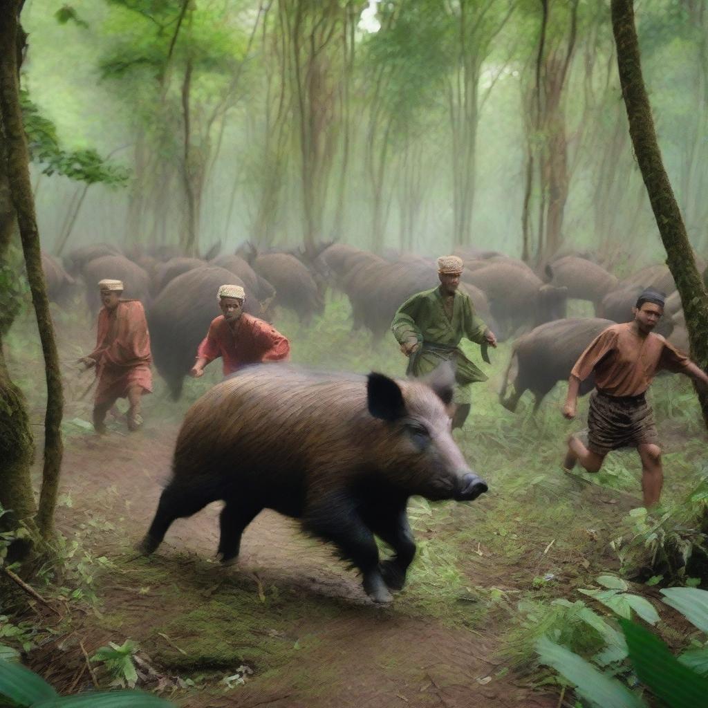 Dozens of Acehnese people chasing a wild boar in a dense forest