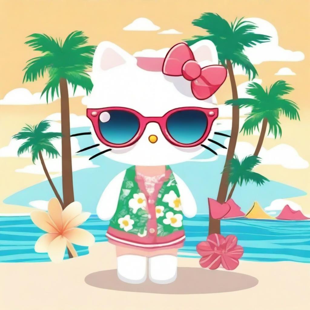 Create an image of Hello Kitty in a Hawaiian theme, wearing a pair of sunglasses and looking cute