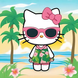 Create an image of Hello Kitty in a Hawaiian theme, wearing a pair of sunglasses and looking cute