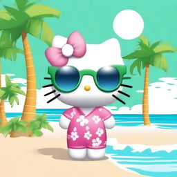 Create an image of Hello Kitty in a Hawaiian theme, wearing a pair of sunglasses and looking cute