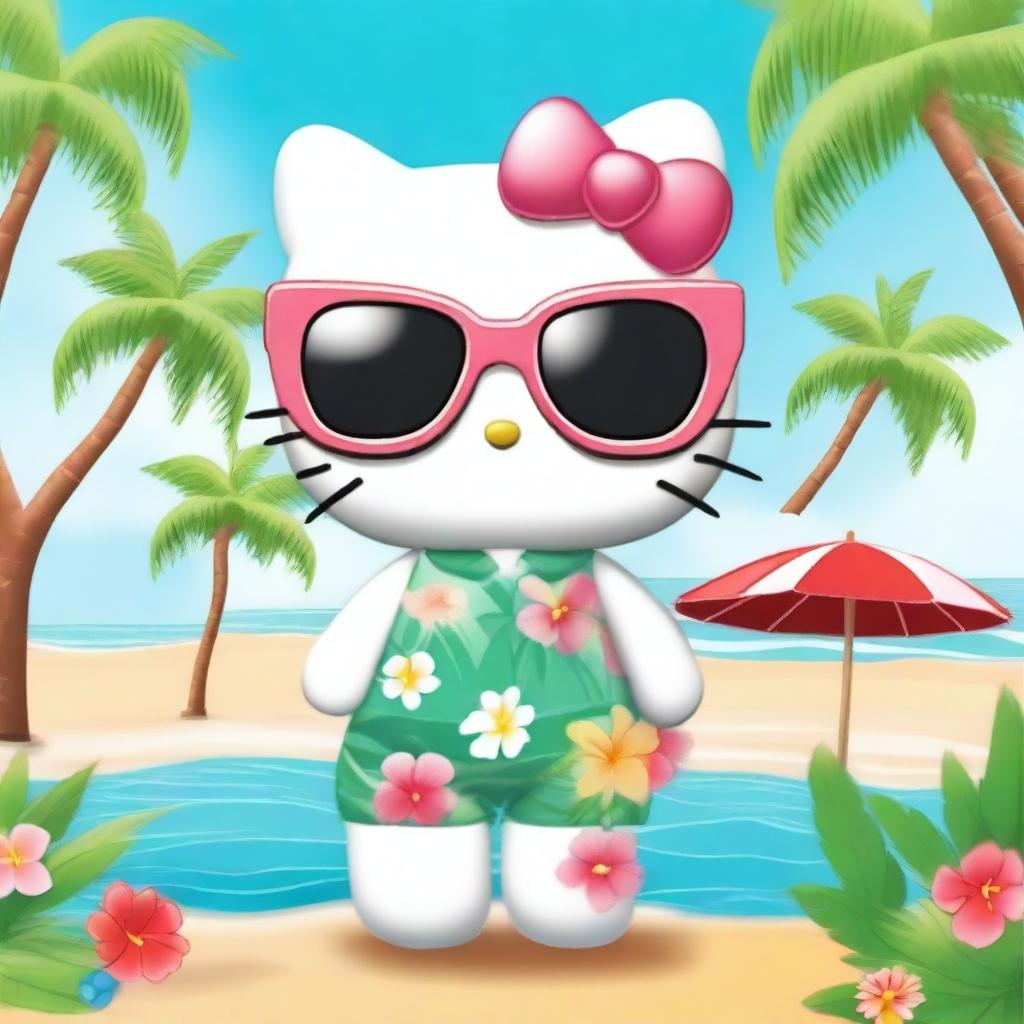 Create an image of Hello Kitty in a Hawaiian theme, wearing a pair of sunglasses and looking cute