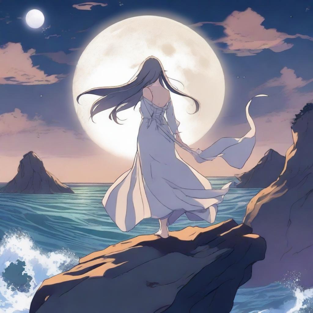 A beautiful anime scene titled 'The Moonlit Cliff': Lysandra, a mystical character with a flowing tail, perches on a jagged cliff