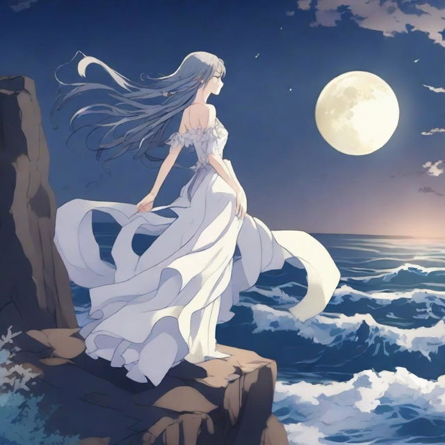 A beautiful anime scene titled 'The Moonlit Cliff': Lysandra, a mystical character with a flowing tail, perches on a jagged cliff