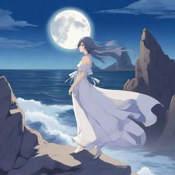 A beautiful anime scene titled 'The Moonlit Cliff': Lysandra, a mystical character with a flowing tail, perches on a jagged cliff