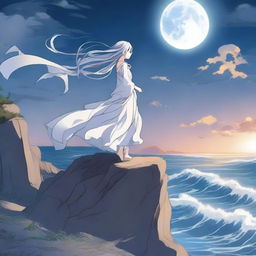 A beautiful anime scene titled 'The Moonlit Cliff': Lysandra, a mystical character with a flowing tail, perches on a jagged cliff