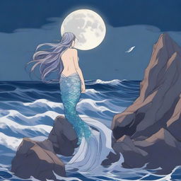 Lysandra, a mermaid with flowing hair and shimmering scales, perches on a jagged cliff under the moonlight