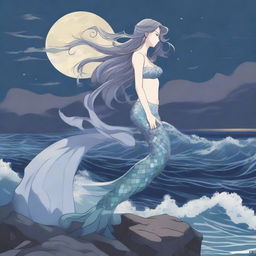 Lysandra, a mermaid with flowing hair and shimmering scales, perches on a jagged cliff under the moonlight