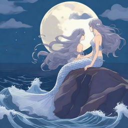 Lysandra, a mermaid with flowing hair and shimmering scales, perches on a jagged cliff under the moonlight