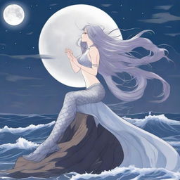 Lysandra, a mermaid with flowing hair and shimmering scales, perches on a jagged cliff under the moonlight