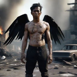 An Indonesian man, stocky, with black wings, and a small wound on his chest