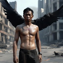 An Indonesian man, stocky, with black wings, and a small wound on his chest