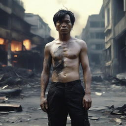 An Indonesian man, stocky, with black wings, and a small wound on his chest