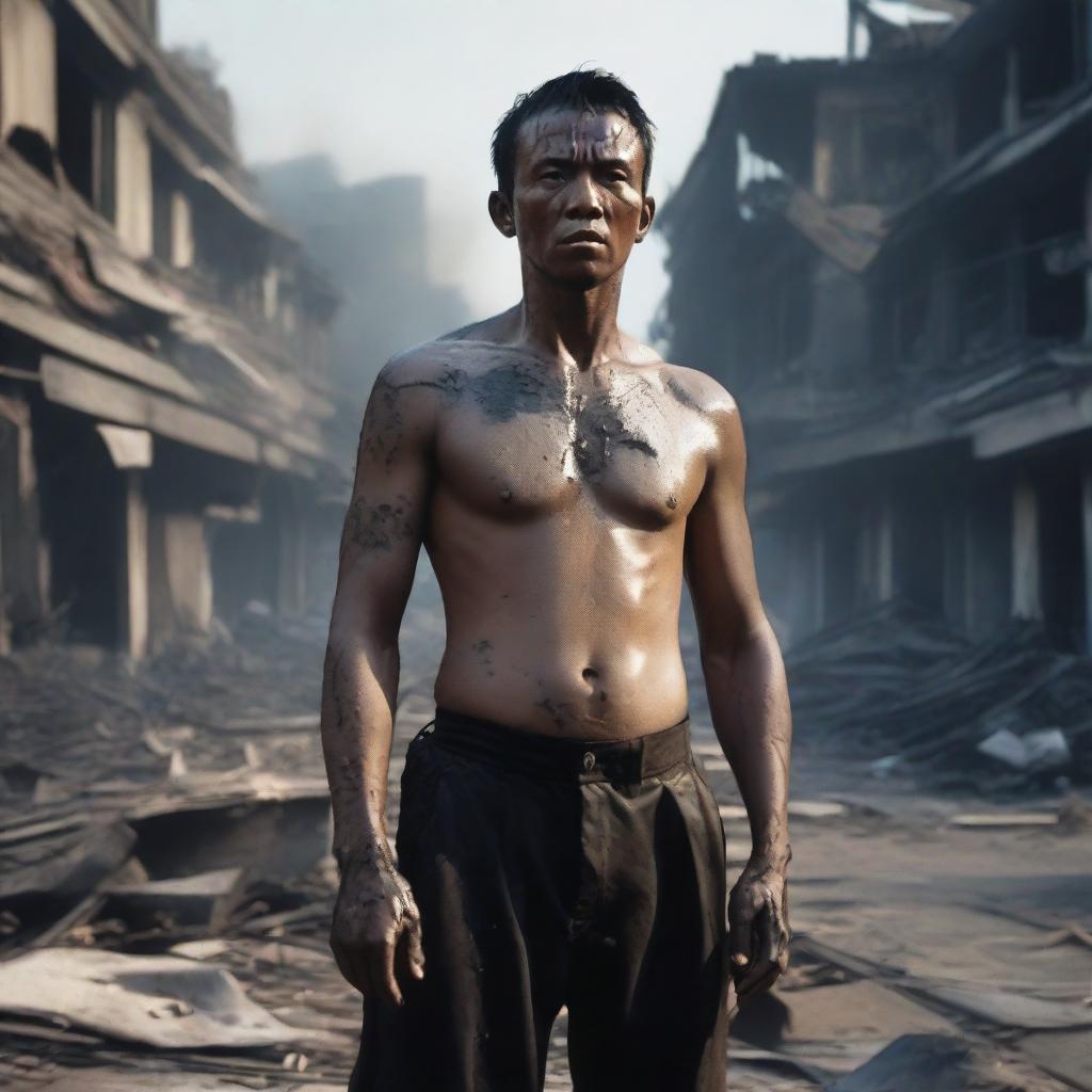 An Indonesian man, stocky, with black wings, and a small wound on his chest