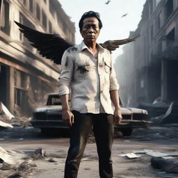 A stocky Indonesian man with black wings and a small wound on his chest, wearing only dull white trousers that are torn at the thighs and knees