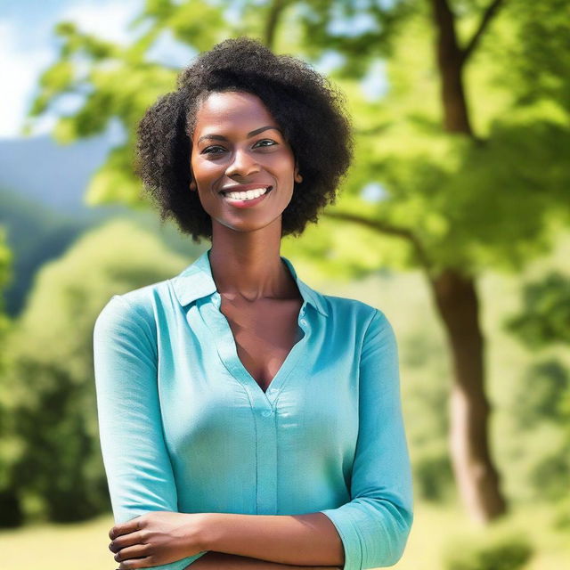 A tall woman standing confidently in a picturesque outdoor setting, with a bright blue sky and lush green trees in the background