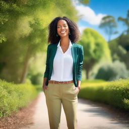 A tall woman standing confidently in a picturesque outdoor setting, with a bright blue sky and lush green trees in the background