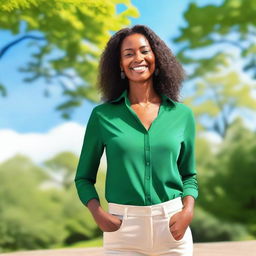 A tall woman standing confidently in a picturesque outdoor setting, with a bright blue sky and lush green trees in the background