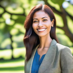 A tall woman standing confidently in a picturesque outdoor setting, with a bright blue sky and lush green trees in the background